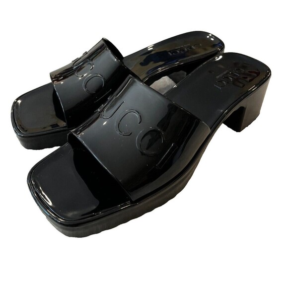 Gucci Nero Platform Black Glossy Rubber Slip On Slides Sandals Heels Size 7 37 - Picture 1 of 13